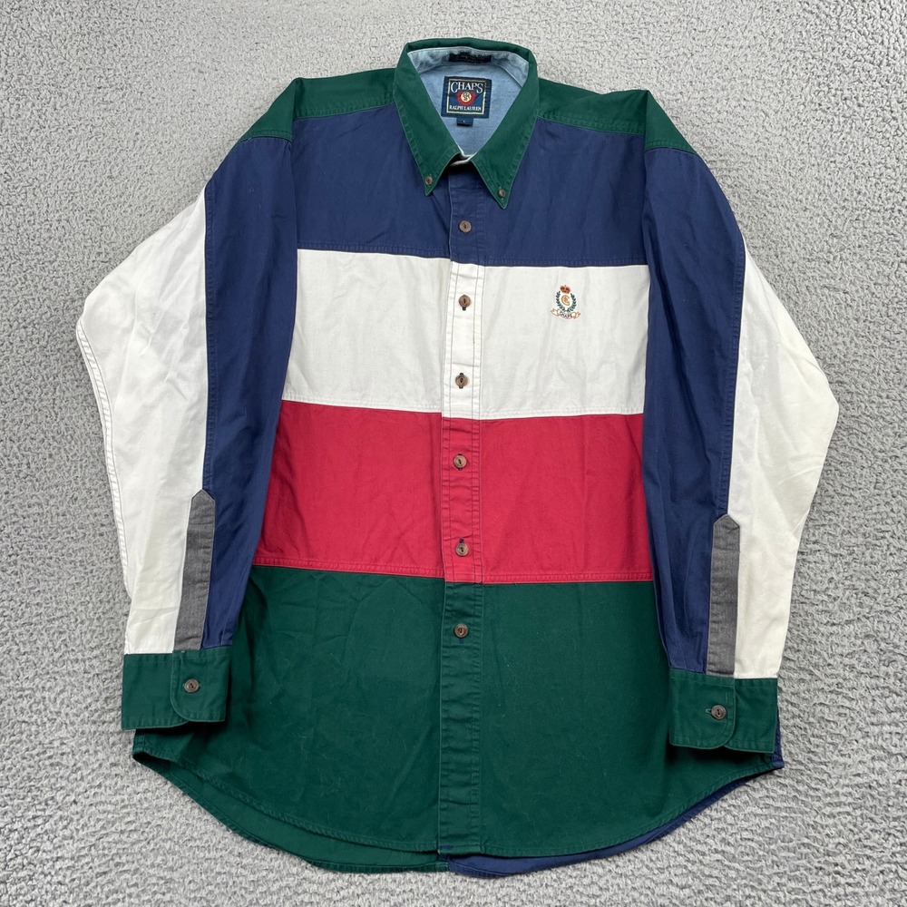 Chaps Button Down Men L Multicolor Colorblock Crest Logo Long Sleeve Vintage 90s